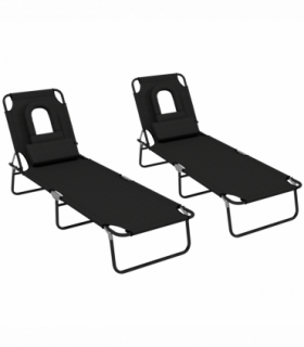 Outsunny Folding Sun Lounger Set of 2 Reclining Chair with Reading Hole Black