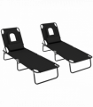 Outsunny Folding Sun Lounger Set of 2 Reclining Chair with Reading Hole Black