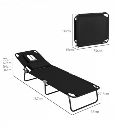 Outsunny Folding Sun Lounger Set of 2 Reclining Chair with Reading Hole Black