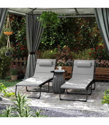 Outsunny Folding Sun Loungers Set of 2, Reclining Sun Bed, Light Grey