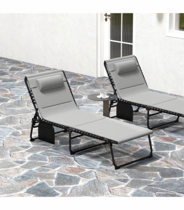 Outsunny Folding Sun Loungers Set of 2, Reclining Sun Bed, Light Grey