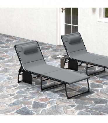 Outsunny Folding Sun Loungers Set of 2, Reclining Sun Bed, Charcoal Grey