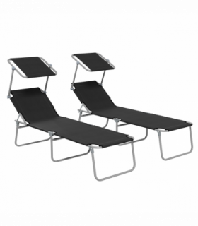 Outsunny Folding Sun Lounger Set of 2 w/ Sunshade Adjustable Backrest Black