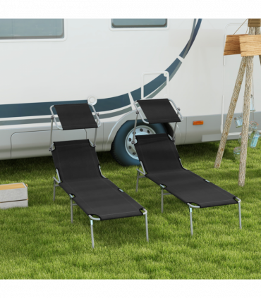Outsunny Folding Sun Lounger Set of 2 w/ Sunshade Adjustable Backrest Black