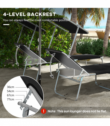 Outsunny Folding Sun Lounger Set of 2 w/ Sunshade Adjustable Backrest Black