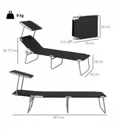 Outsunny Folding Sun Lounger Set of 2 w/ Sunshade Adjustable Backrest Black
