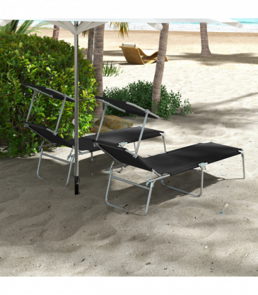 Outsunny Folding Sun Lounger Set of 2 w/ Sunshade Adjustable Backrest Black