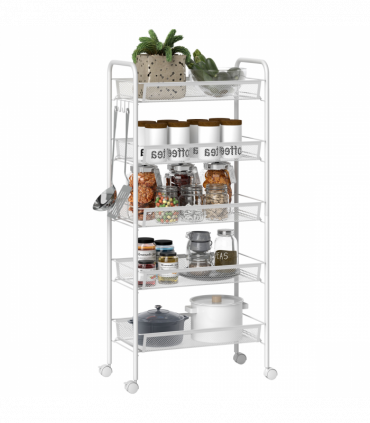 HOMCOM 5 Tier Utility Rolling Cart with Removable Mesh Baskets, White