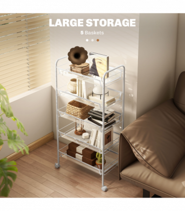 HOMCOM 5 Tier Utility Rolling Cart with Removable Mesh Baskets, White