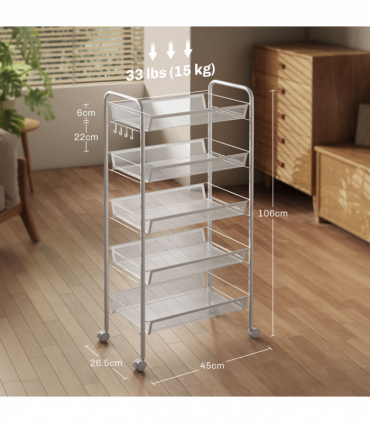 HOMCOM 5 Tier Utility Rolling Cart with Removable Mesh Baskets, White