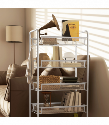 HOMCOM 5 Tier Utility Rolling Cart with Removable Mesh Baskets, White