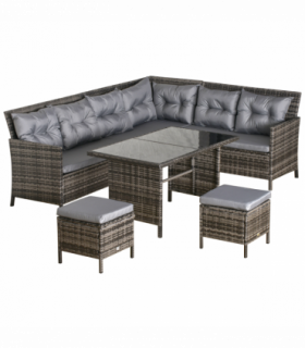 6PC Garden Rattan Corner Dining Sofa 7-seater Wicker Table Foot Stool - Grey