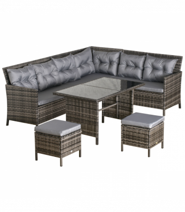 6PC Garden Rattan Corner Dining Sofa 7-seater Wicker Table Foot Stool - Grey