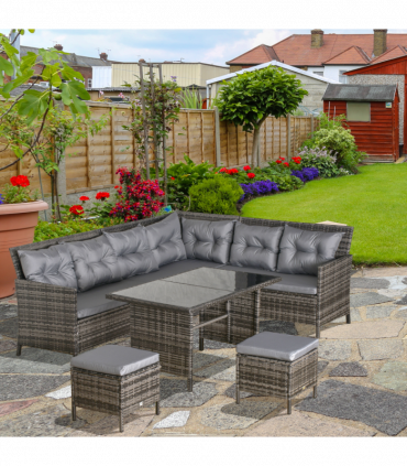 6PC Garden Rattan Corner Dining Sofa 7-seater Wicker Table Foot Stool - Grey