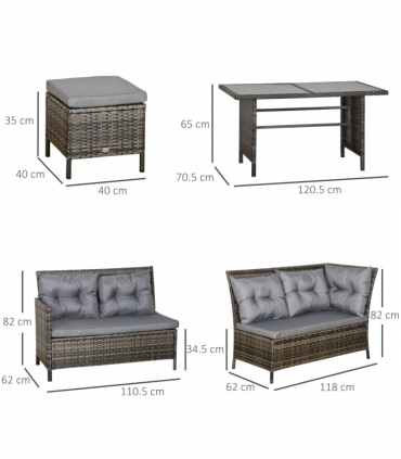 6PC Garden Rattan Corner Dining Sofa 7-seater Wicker Table Foot Stool - Grey