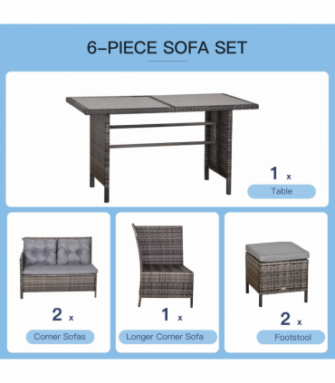 6PC Garden Rattan Corner Dining Sofa 7-seater Wicker Table Foot Stool - Grey