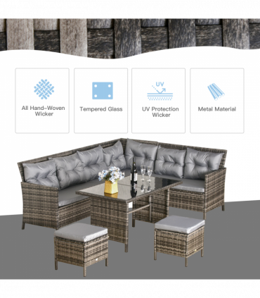 6PC Garden Rattan Corner Dining Sofa 7-seater Wicker Table Foot Stool - Grey
