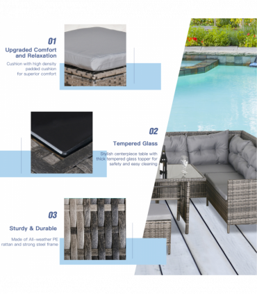 6PC Garden Rattan Corner Dining Sofa 7-seater Wicker Table Foot Stool - Grey