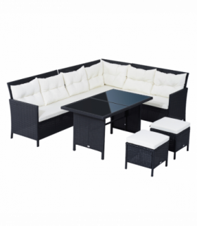 6PC Garden Rattan Corner Dining Sofa 7-seater Wicker Table Foot Stool - Black