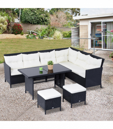 6PC Garden Rattan Corner Dining Sofa 7-seater Wicker Table Foot Stool - Black