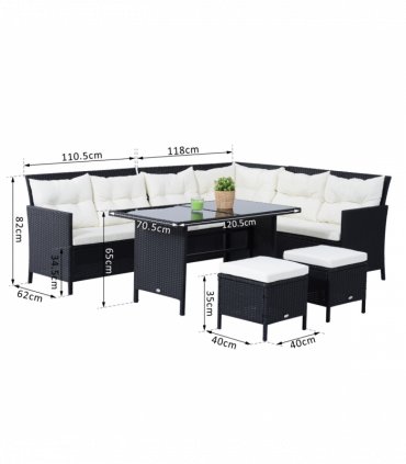 6PC Garden Rattan Corner Dining Sofa 7-seater Wicker Table Foot Stool - Black