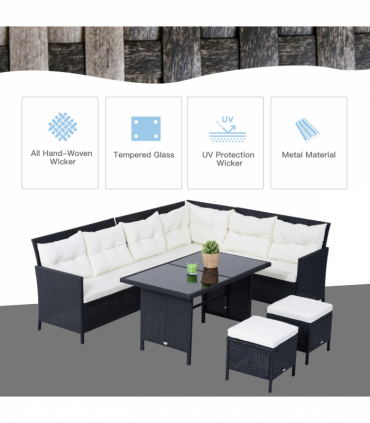 6PC Garden Rattan Corner Dining Sofa 7-seater Wicker Table Foot Stool - Black