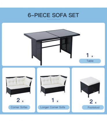 6PC Garden Rattan Corner Dining Sofa 7-seater Wicker Table Foot Stool - Black