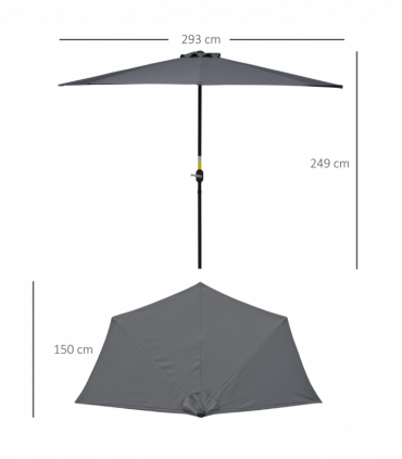 3 m Half Round Umbrella Parasol-Grey Polyester/Aluminum