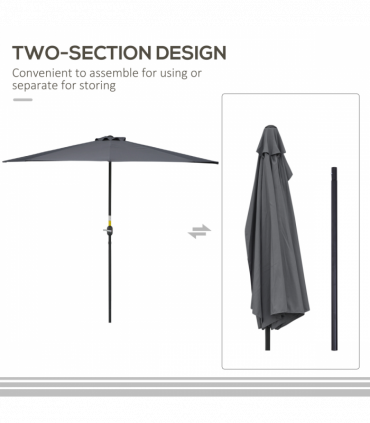 3 m Half Round Umbrella Parasol-Grey Polyester/Aluminum
