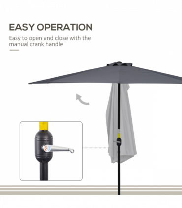 3 m Half Round Umbrella Parasol-Grey Polyester/Aluminum