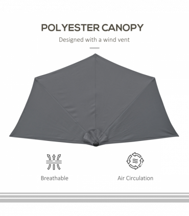 3 m Half Round Umbrella Parasol-Grey Polyester/Aluminum