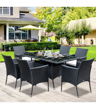 Garden Furniture Dining Set - Black PE Rattan Steel 150cmx80cmx74cm 7pc