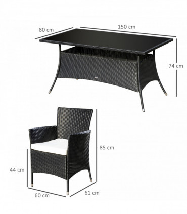 Garden Furniture Dining Set - Black PE Rattan Steel 150cmx80cmx74cm 7pc