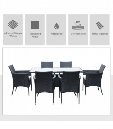 Garden Furniture Dining Set - Black PE Rattan Steel 150cmx80cmx74cm 7pc
