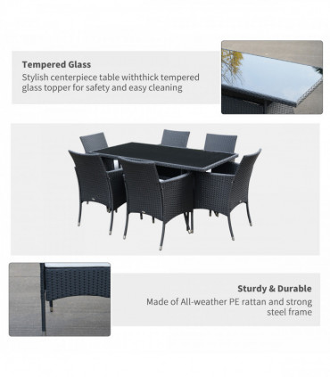 Garden Furniture Dining Set - Black PE Rattan Steel 150cmx80cmx74cm 7pc