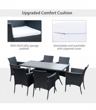 Garden Furniture Dining Set - Black PE Rattan Steel 150cmx80cmx74cm 7pc
