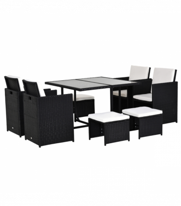 Rattan 9 Pcs Dining Set - Black W/Milk White Cushions
