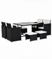 Rattan 9 Pcs Dining Set - Black W/Milk White Cushions