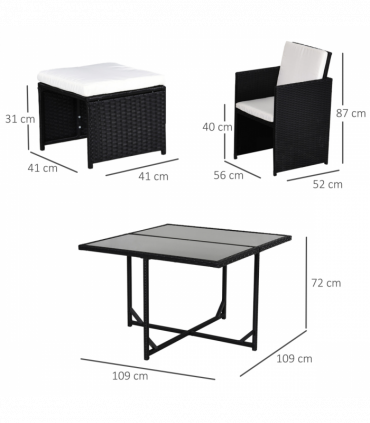 Rattan 9 Pcs Dining Set - Black W/Milk White Cushions