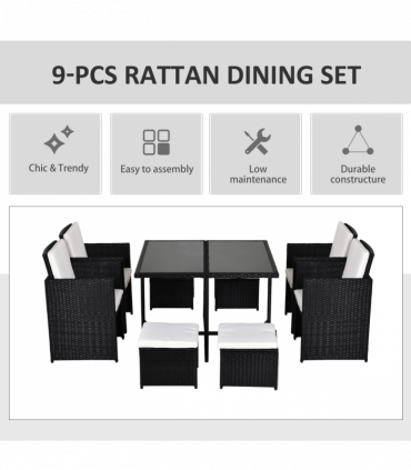 Rattan 9 Pcs Dining Set - Black W/Milk White Cushions