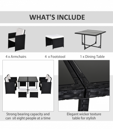 Rattan 9 Pcs Dining Set - Black W/Milk White Cushions