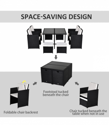 Rattan 9 Pcs Dining Set - Black W/Milk White Cushions