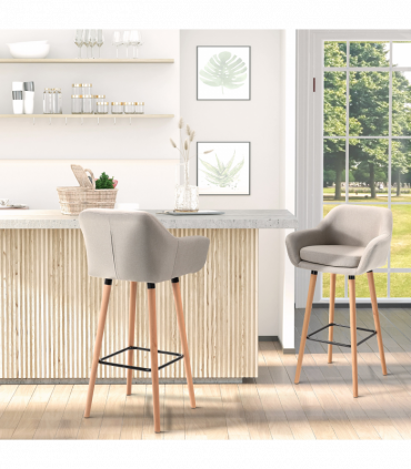 2 PCs Modern Upholstered Fabric Bucket Seat Bar Stools w/ Solid Wood Legs Beige