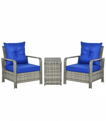 3 PCs PE Rattan Garden Sofa Set w/ 2 Chairs & Storage Table Mixed Grey