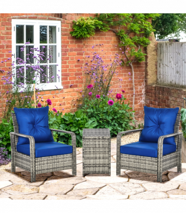 3 PCs PE Rattan Garden Sofa Set w/ 2 Chairs & Storage Table Mixed Grey