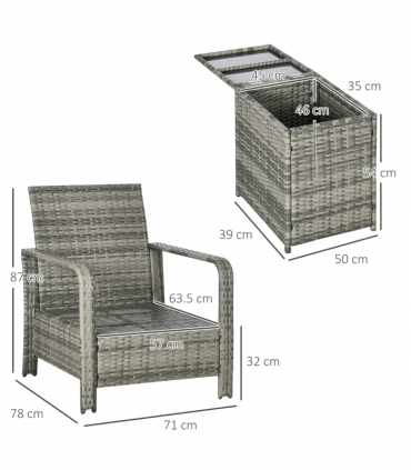 3 PCs PE Rattan Garden Sofa Set w/ 2 Chairs & Storage Table Mixed Grey