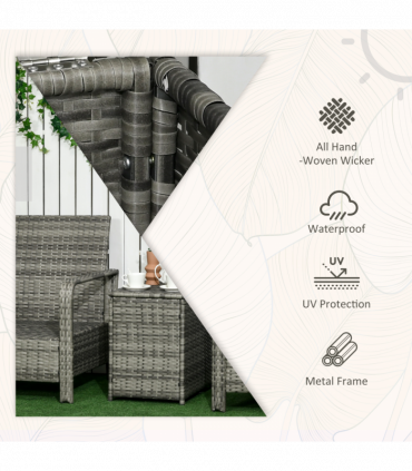 3 PCs PE Rattan Garden Sofa Set w/ 2 Chairs & Storage Table Mixed Grey