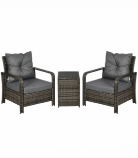 3 Piece PE Rattan Garden Sofa Set w/ 2 Chairs & Storage Table Grey Outsunny