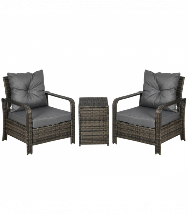 3 Piece PE Rattan Garden Sofa Set w/ 2 Chairs & Storage Table Grey Outsunny