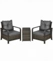 3 Piece PE Rattan Garden Sofa Set w/ 2 Chairs & Storage Table Grey Outsunny